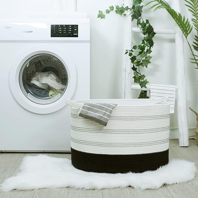 R RUNKA XXXLarge Cotton Rope Basket 22" X 22"X 14" Blanket Basket for Living Room Woven Basket Soft Baby Laundry Blanket Basket Nursery Bin Toy Basket with Handle White+Black