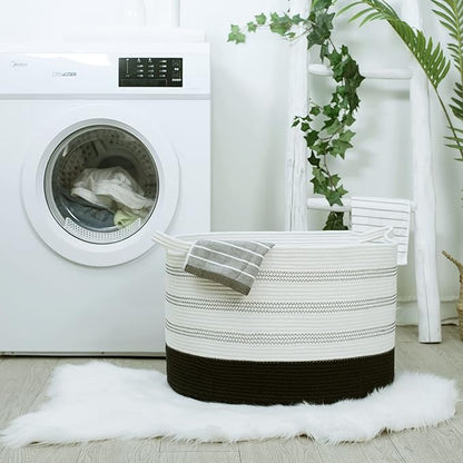 R RUNKA XXXLarge Cotton Rope Basket 22" X 22"X 14" Blanket Basket for Living Room Woven Basket Soft Baby Laundry Blanket Basket Nursery Bin Toy Basket with Handle White+Black
