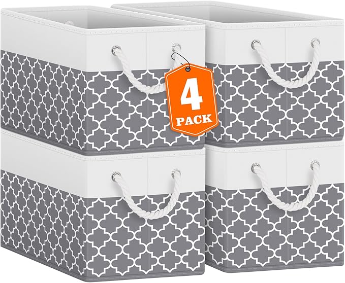 Fab totes Storage Bins 4-Pack, Foldable Storage Baskets for Organizing Toys, Books, Shelves, Closet, Large Storage Box with Rope Handles, Sturdy Organizer Bins,Clover Grey
