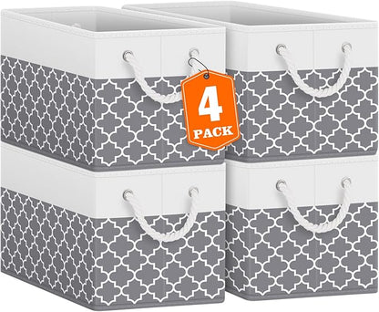Fab totes Storage Bins 4-Pack, Foldable Storage Baskets for Organizing Toys, Books, Shelves, Closet, Large Storage Box with Rope Handles, Sturdy Organizer Bins,Clover Grey