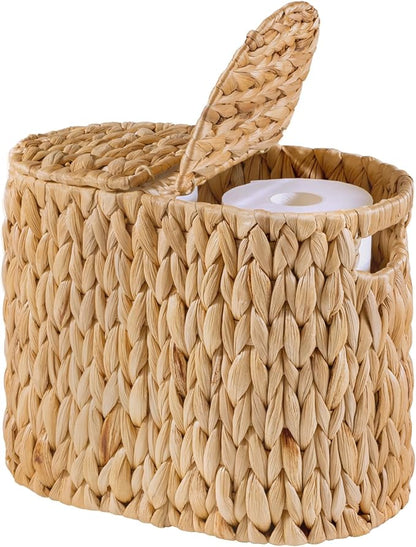 Toilet Paper Basket with Lid, Water Hyacinth Wicker Toilet Paper Storage Holder for 4 Rolls, Toilet Paper Storage for Bathroom