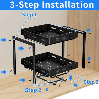 BOIVSHI Pull Out Spice Racks for Inside Cabinets, 2-Tier Cabinet Spice Rack, Height Adjustable Spice Rack Organizer for Cabinet, Kitchen Vertical Spice Rack (9.7''Wx10.8''Dx9.2''H, Metal Black)