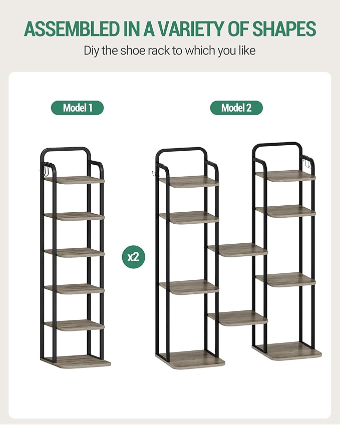 Hzuaneri 6 Tiers Vertical Shoe Rack, Narrow Shoe Tower, Tall Shoes Shelf with 2 Hooks, Adjustable Shelves, Corner Shoes Shelves for Small Spaces, Entryway, Living Room, Greige, SR04205B