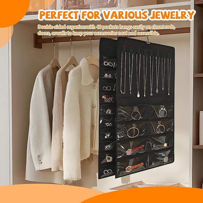 48 Pockets Hanging Jewelry Organizer with Necklace Straps, Double-Sided Black Closet Jewelry Holder for Space-Saving Storage of Earrings, Bracelets & Necklaces