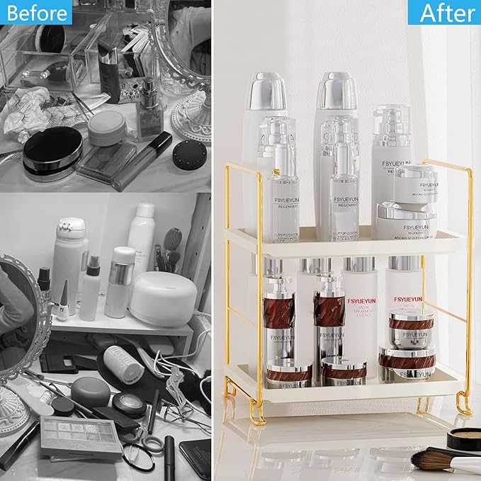 FSyueyun 2-Tier Bathroom Counter Organizer, Tool-Less Vanity Organizer for Skincare, Premium Plastic Bathroom Organizer Tray for Perfume & Cosmetics, （White & Gold）