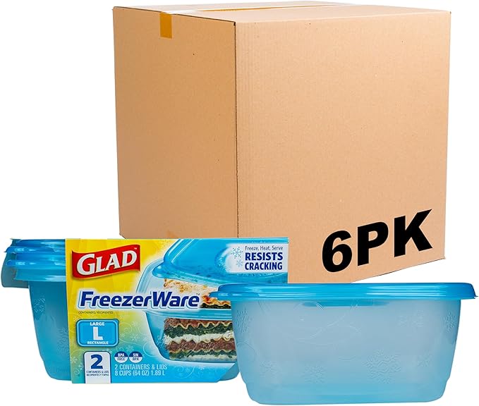 Glad GladWare FreezerWare Food Storage Containers with Lids, Large Rectangle BPA Free Plastic for Freezing Soups Meals and Batch Cooking, Crack Resistant, Microwave Dishwasher Safe, 64 Oz, 2 Ct - 6 Pk
