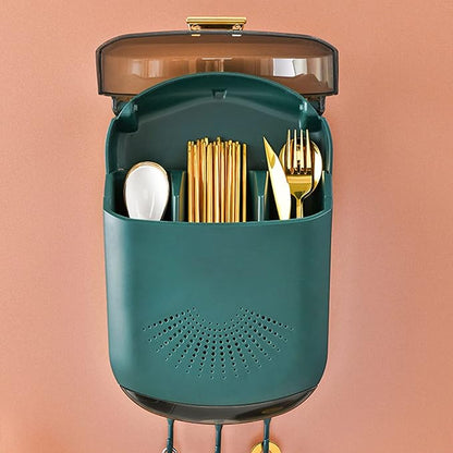 Cutlery Holder, Chopstick Holder Wall Mounted Utensil Rack 3 Compartments Draining Utensil Storage with Cover for Cutlery(Green)