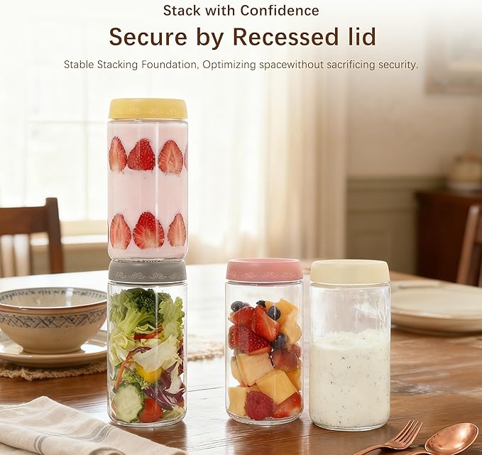 24 OZ Overnight Oats Jars with Lids 4 Pack, Glass Meal Prep Containers, Reusable Food Storage Jars, Airtight Mason Jars for Breakfast, Yogurt Parfait, Salad, Smoothies(4-2)