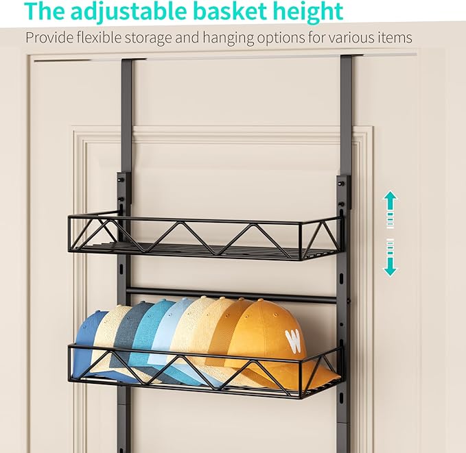 HapiRm Over the Door Hat Organizer - 4 Tier Wall Mounted Hat Rack with 4 Adjustable Metal Basket, Baseball Caps Organizer Storage Holds up to 40 Caps for Door, Bedroom, Closet (Black)