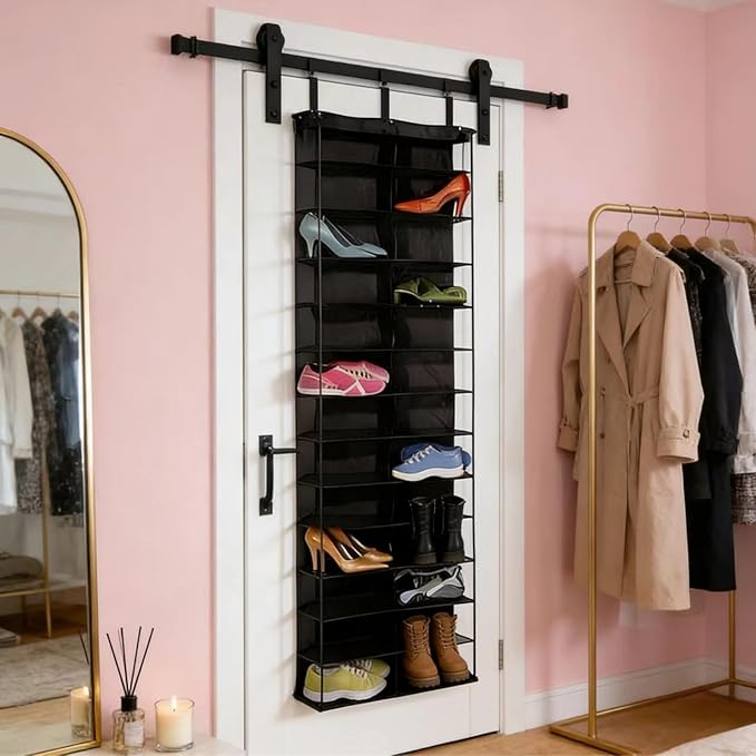 Hoodie Sweatshirt Storage Hack, Door Hanging Shoe Rack Organizer, 26-Pocket Clear Holder, Large 63" x 22" Foldable Behind The Door Organizer (Beige 1PC)