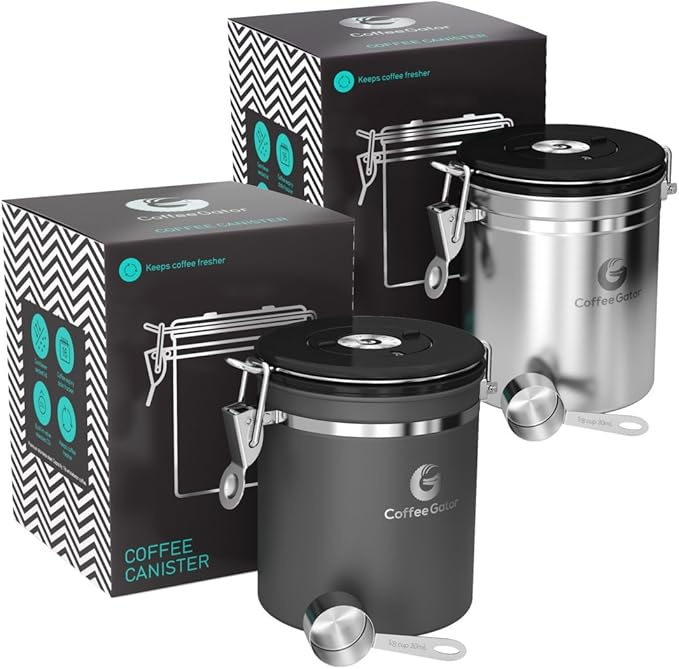 Coffee Gator Coffee Canister, 2pack 16oz Airtight Stainless Steel Kitchen Food Storage Container with Date Tracker, Scoop for Grounds Coffee Bar Accessories, Beans, Tea, Sugar, Flour - Gray&Silver