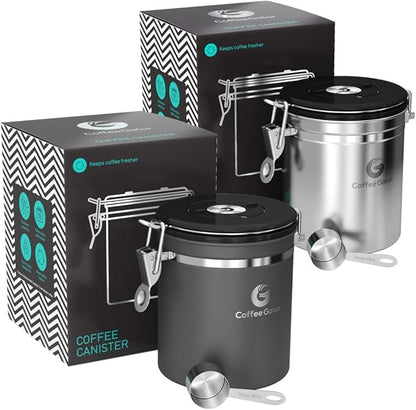 Coffee Gator Coffee Canister, 2pack 16oz Airtight Stainless Steel Kitchen Food Storage Container with Date Tracker, Scoop for Grounds Coffee Bar Accessories, Beans, Tea, Sugar, Flour - Gray&Silver