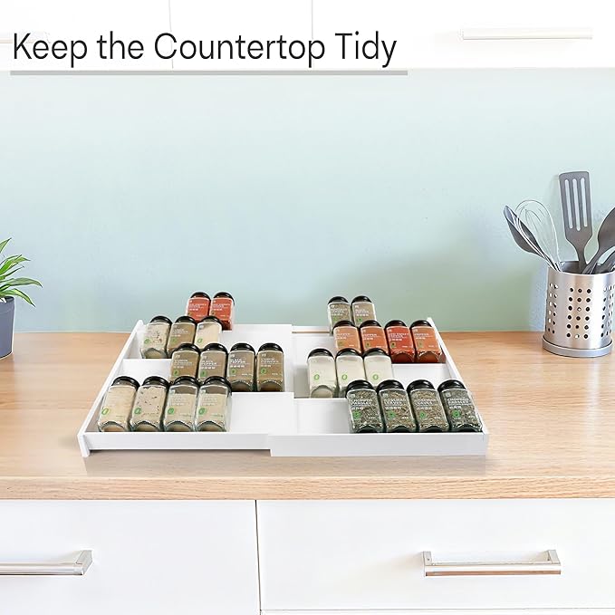 Bamboo Spice Drawer Organizer, (Need 3.1” Deep Drawer) Expandable 4 Tier Spice Rack for Cabinet (From 12" to 23" Wide), Seasoning Storage Insert, Spice Organizer for Drawer,Jars Not Included