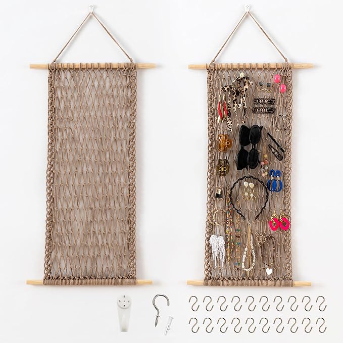 Pretty Jolly Hanging Jewelry Mesh Organizer Macrame Wall Mounted Necklaces Storage Earring Display Rack Girls Hair Clips Hanger with 20 Pieces S Shape Hooks for Bracelets,Necklace and Rings(Coffee)