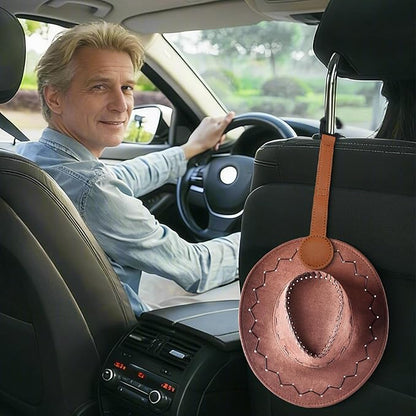 2-Pack Magnetic Cowboy Hat Clip, Leather Car Hat Holder with Strong Magnets, Universal Truck & SUV Accessories, Easy Install, Space-Saving Headrest Hook for Baseball & Cowboy Hats (Brown)