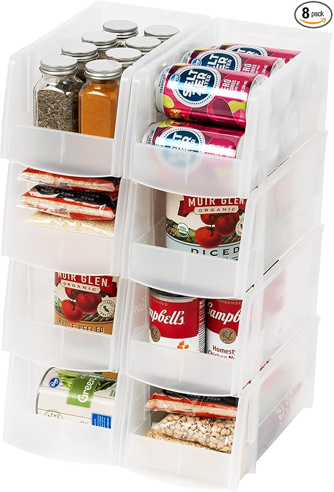 IRIS USA Clear Plastic Stackable Storage Bins, Medium - 8 Pack, Open Front Fridge Pantry Kitchen Closet Cabinet Bathroom Organizer Basket for Organizing Snack, Cans, Office Supplies, and Coffee Pods