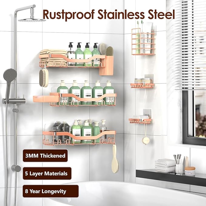 NESOMI Shower Caddy Adhesive Shower Organizer 8-Pack, Rustproof Stainless Steel Bathroom Shelves, Large Capacity No-Drill Rack Storage Accessories with Soap Dish Toothbrush Holder Hooks