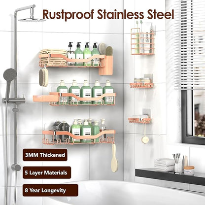 NESOMI Shower Caddy Adhesive Shower Organizer 8-Pack, Rustproof Stainless Steel Bathroom Shelves, Large Capacity No-Drill Rack Storage Accessories with Soap Dish Toothbrush Holder Hooks