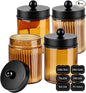 Amolliar 4 Pack Apothecary Jars Bathroom Vanity Storage Organizer Set -Countertop Canister with Stainless Steel Lids &Stickers Qtip Dispenser Holder for Cotton Swab (Amber-black Lid)