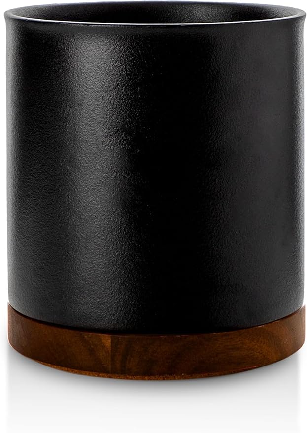 Nucookery 360°Rotating Utensil Holder, 7.2" Large Utensil Crock Countertop, Black Ceramic Cooking Utensil Organizer,Spatula Spoon Holder,Farmhouse Kitchen Decor Christmas Gift (Stone Black)