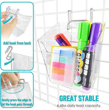 G.CORE Large Grid Wall Bins - 6Pack Clear Gridwall Accessories Hanging Cups with Back Hooks - Plastic Grid Wall Panels Organizers Wire Shelves Holders for Garage Garden Craft Office Tools Storage