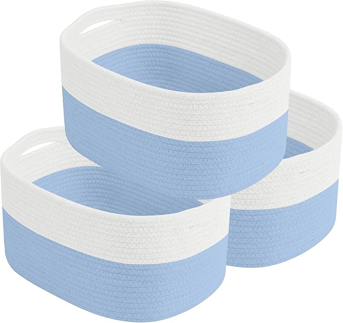 ECDYQXVU Cotton Rope Storage Basket, 15x10x9 Inches, Woven Basket for Shelves, Clothes, Towels, Books, and Laundry, White Blue (3 Pack)