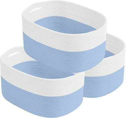 ECDYQXVU Cotton Rope Storage Basket, 15x10x9 Inches, Woven Basket for Shelves, Clothes, Towels, Books, and Laundry, White Blue (3 Pack)
