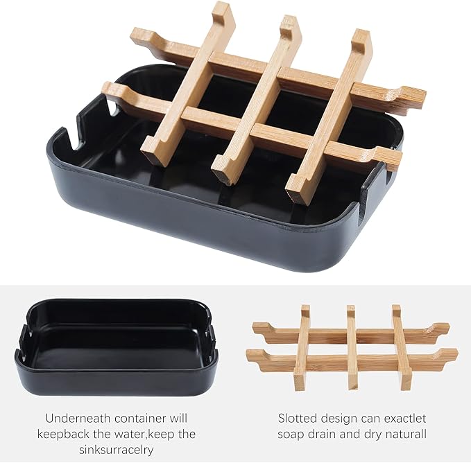 Soap Dishes for Bar Soap,2 Pack Environmentally-Friendly Bathroom Soap Dishes (Removable),2Pcs/Set Bamboo Soap Dishes Holder,Black