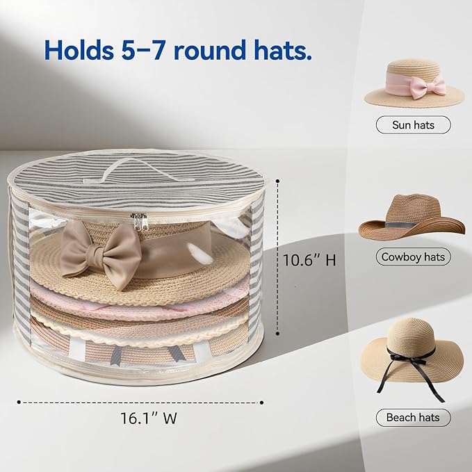 2 Pack Hat Storage Box with Clear Window, Holds up to 7 Caps Cowboy Hat Organizer Bag for Closet for Wide Brim Hats with Carrying Handles, Gray