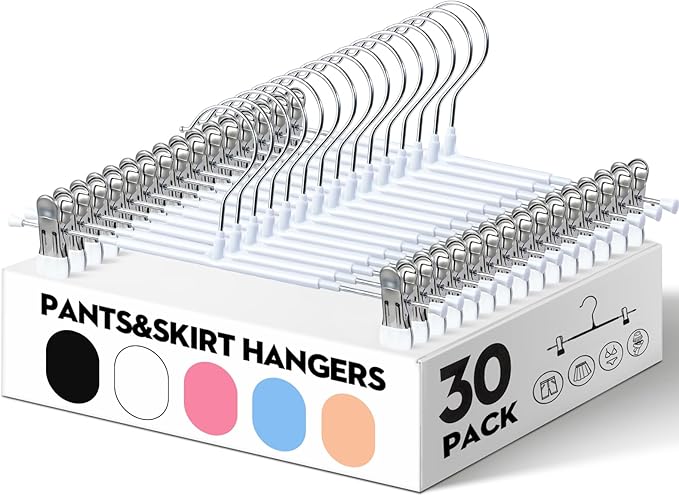 HUADYMEET 30 Pack 14Inch Pants Hangers with Clips,Metal Trouser Hanger for Jeans.Space Saving Skirt Hangers Heavy Duty Non-Slip Adjustable Clothes Shorts Hanger for Women,Men,White