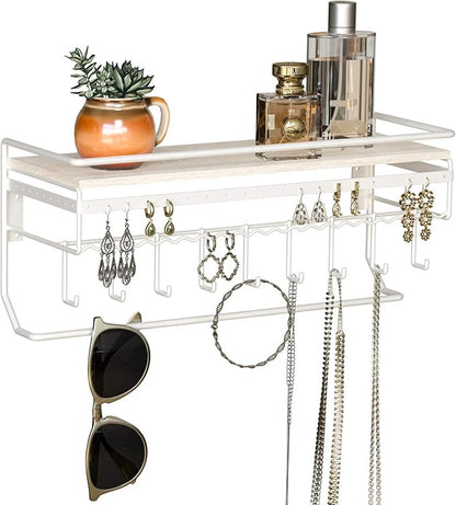 JackCubeDesign Hanging Jewelry Organizer with 9 Hooks, Wall Mount Necklace Earring Bracelet Sunglass Holder with Wood Shelf (White Metal) - MK237D