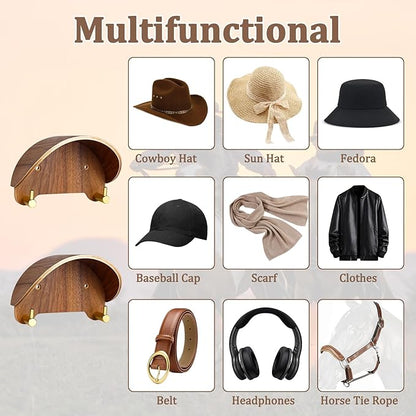 2 Pack Cowboy Hat Rack, Wooden Satin Finish Hat Holder on Wall,Non-Damage Brim Design, Hat Hooks Can Keeps Original Shape of Hat, for Cowboy Hat, Fedora, Sun Hats