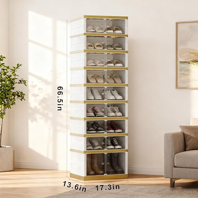 SYNCVIBE Shoe Rack Organizer for Closet Entryway Foldable Sneaker Storage Shoe, Collapsible Shoe Cabinet, Stackable Shoe Storage Cabinet with Lids for Living Room (9 Tiers -18 Pairs White Gold)