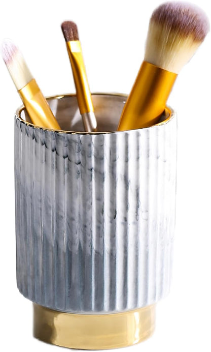 IEEK Makeup Brush Holder Organizer Pen Pencil Cup Glass Make Up Brushes and Toothbrush Organizer for Bathroom Vanity Desktop European Style Striped Brushes Container,Grey and Gold
