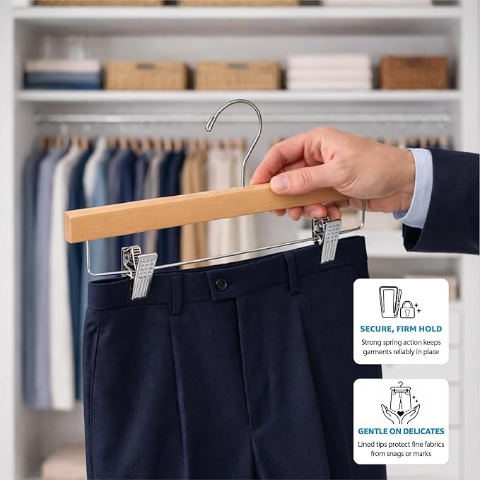 ZOBER Wooden Pants Hangers with Clips - 10 Pack Premium Solid Lotus Wood Skirt Hangers for Women, Heavy Duty Wooden Hanger with Adjustable Metal Grip Clips for Jeans and Shorts, Smooth Finish, Natural