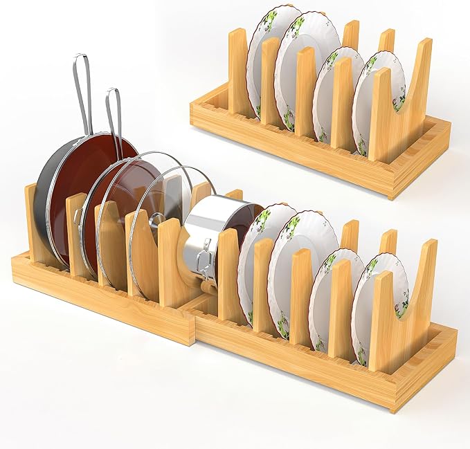 Expandable Bamboo Pot and Pan Organizer Under Cabinet, 2-in-1 Kitchen Pot and Lid Organizer with Adjustable 10 Dividers, Non-Slip Base for Pot Lids Holder, Cutting Board Organizers for Kitchen Storage