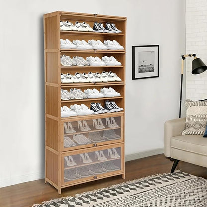 10 Tiers Shoe Storage Cabinet,Bamboo Shoes Shelf Organizer,Shoe Rack with Transparent Acrylic Cabinet Door,Free Standing Shoes Shelf for Entryway Bedroom,31.5 * 12.6in,Brown (Brown)