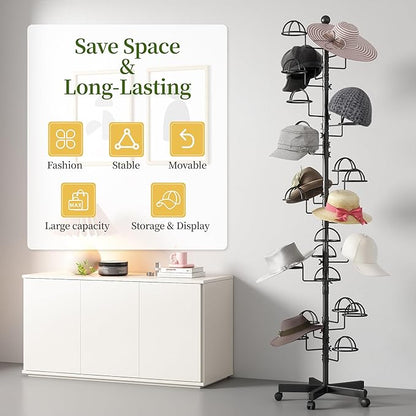 Freestanding Hats Rack Stand with 25 Customizable Circular Hooks Metal Hat Rack Hats Tree Organizer Rack Display Standing Floor Hat Stand for Home Store Commercial, Black