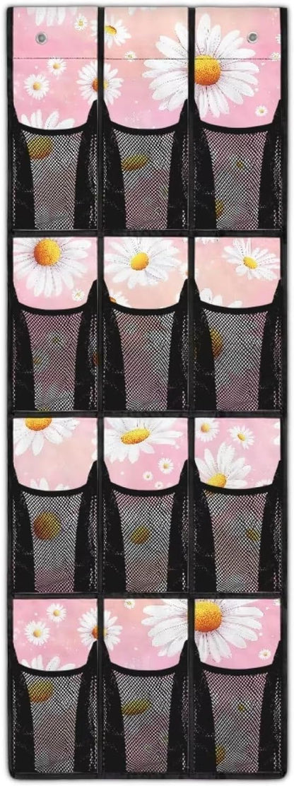 Generic Pink Daisy Hanging Organizer with Pockets Over The Door Pantry Organizer Multifunctional Over Door Storage Organizer with Waterproof Pockets for Bathroom Dormitory Office