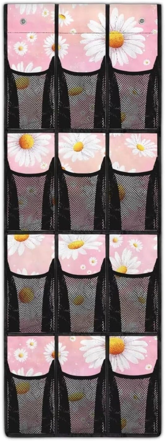 Generic Pink Daisy Hanging Organizer with Pockets Over The Door Pantry Organizer Multifunctional Over Door Storage Organizer with Waterproof Pockets for Bathroom Dormitory Office