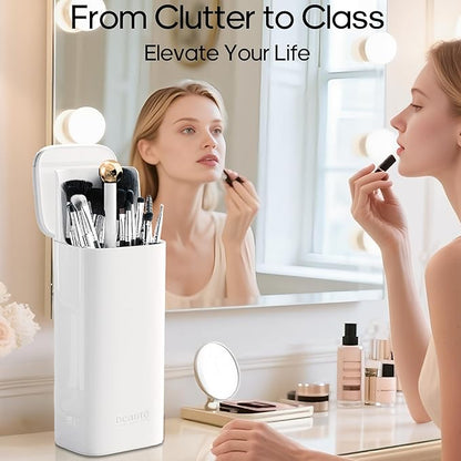 Osuke Makeup Brush Holder with Lid Cosmetic Tools Organizer,One Touch Open 4 Slot Makeup Brush Case with Waterproof Dustproof, Cosmetic Storage for Dresser Vanity and Bathroom Countertop