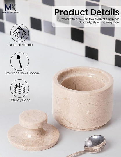 MARBLOUS KRAFTS Marble Salt Cellar 3" Inch Verona Stone Salt Container for Gift for Mom, Ideal Set of 2 Coffee Storage Container Kitchen Countertop, Candy Jars with Lids and Spoons, Spice Storage