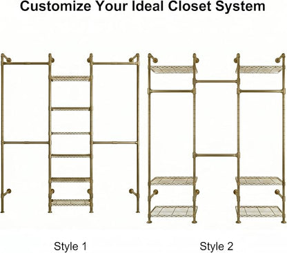 F3 Wall Mounted Closet System, Industrial Pipe Clothing Rack for Hanging Clothes, Heavy Duty Closet Organizer System, Clothes Racks with Shelves & Expandable Rod for Wardrobe, Corner, Gold