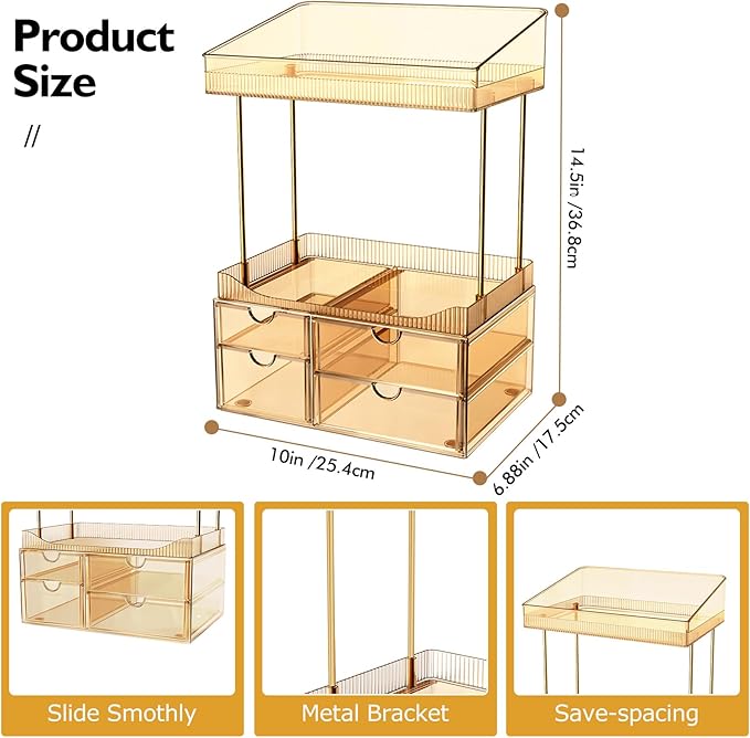 SNSLXH 4 Drawers Makeup Organizer - 4 Tier Makeup Storage, Cosmetics Organiser, Ideal for Cosmetic, 4 Dividers with Drawers for Countertop, Bathroom, Office Supplies, Dresser Transparent Tawny