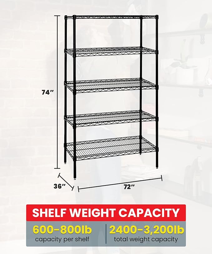 Quantum Storage Systems WR74-3672BK Starter Kit for 74" Height 4-Tier Wire Shelving Unit, Black Finish, 36" Width x 72" Length x 74" Height