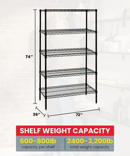 Quantum Storage Systems WR74-3672BK Starter Kit for 74" Height 4-Tier Wire Shelving Unit, Black Finish, 36" Width x 72" Length x 74" Height