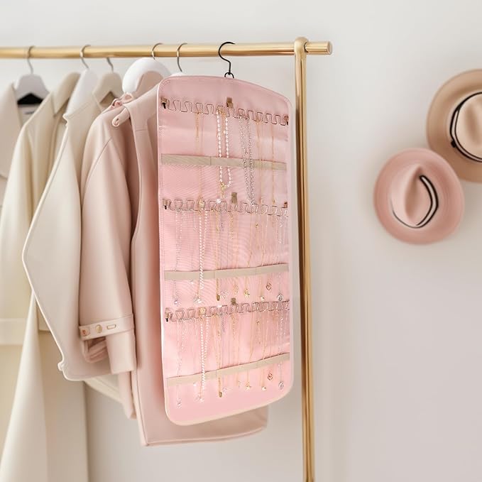 Hanging Jewelry Organizer Doubled-sided with Pockets & Hooks for Rings, Earrings, Necklaces, Hair Accessories Storage Roll, Closet Earring Holder Organizer for Wall, Door, Travel, 1 PCS, Pink