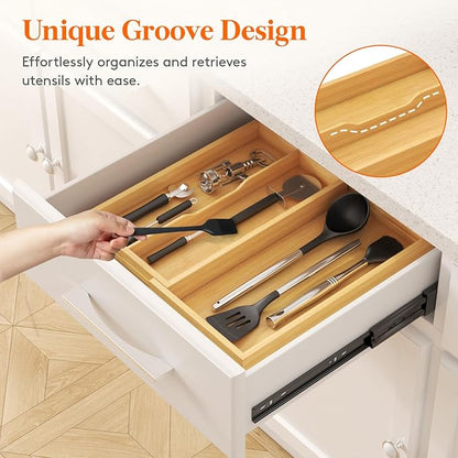 Lifewit Utensil Organizer for Kitchen Drawer, Expandable Cooking Utensil Tray, Cutlery Silverware Flatware Holder, Wood Adjustable Spatula Tools Storage Divider, 8.9-15.8 x 15.75, Natural