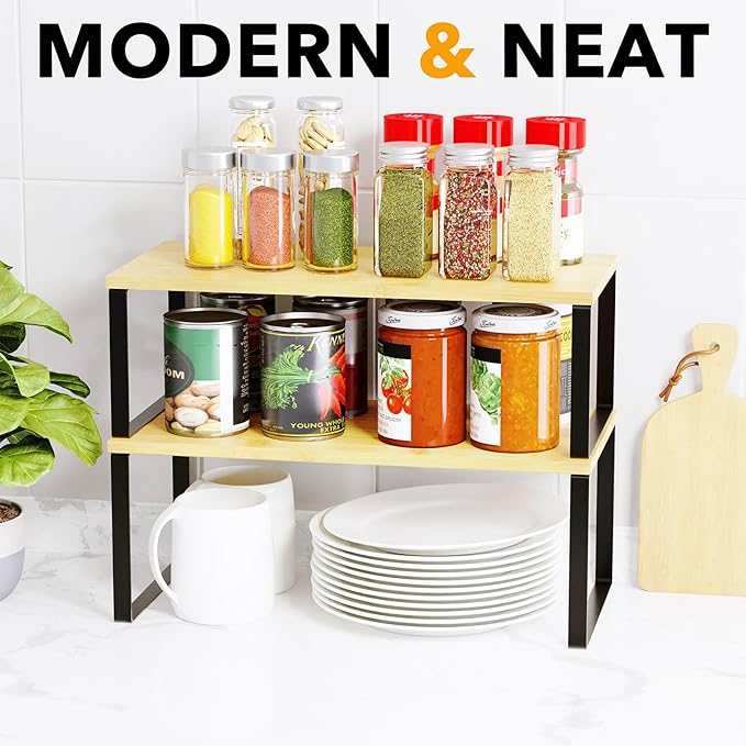 SpaceAid Cabinet Shelf Organizers 8 Pack, Kitchen Counter Rack Shelves Riser, Stackable Expandable Spice Rack, Pantry Cupboard Storage Organization (Black and Natural, Long)