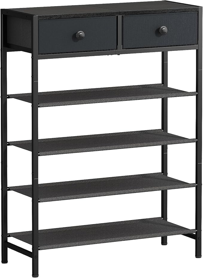 Shoe Rack, 5 Tier Shoe Organizer with 2 Drawers, Metal Shoe Storage for 16-20 Pairs of Shoes with Fabric Shelves and Wooden Top, Narrow Shoe Shelf for Closet Entryway Black Grey